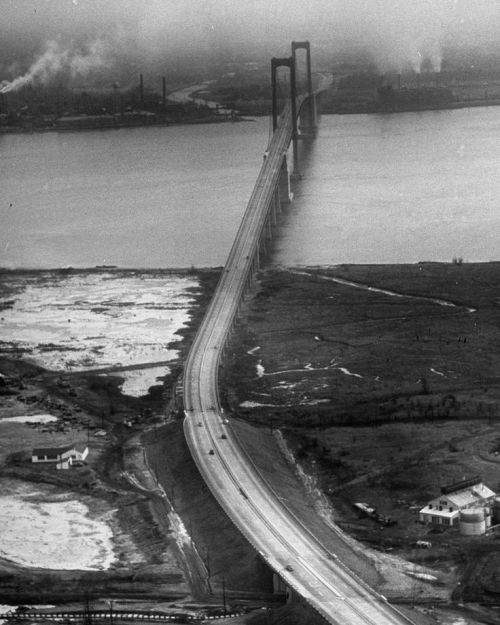 The south end of the New Jersey Turnpike, where it runs into the Delaware Memorial bridge that leads to Baltimore and then Washington, D.C. New Jersey, 1951. 