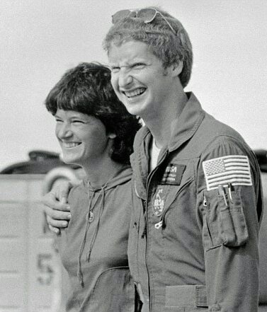 Sally Ride, America's first woman in space, gets a big hug from her astronaut husband Steven Hawley. The couple later divorced after five years of marriage. They were both born in 1951.